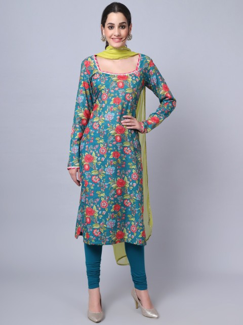 

anokherang Women Teal Floral Printed Kurta with Churidar & Dupatta