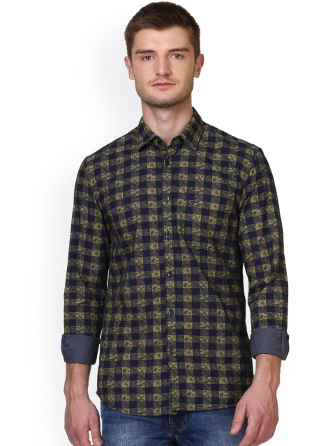 

Parx Men Yellow & Navy Blue Slim Fit Checked Casual Shirt