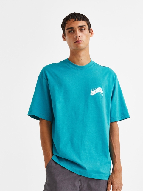 

H&M Men Relaxed Fit Printed T-shirt, Turquoise blue