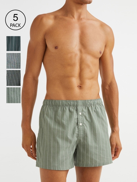 

H&M Men 5 Pack Woven Cotton Boxer Shorts, Green