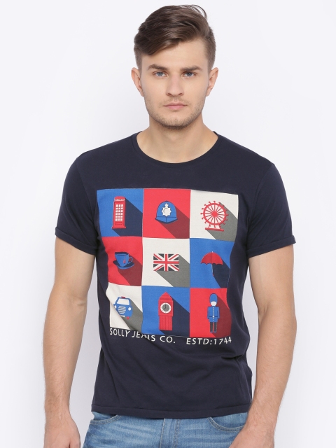 

Solly Jeans Co. by Allen Solly Men Navy Printed Round Neck T-shirt, Navy blue