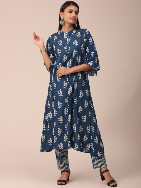 

NAYRA Women Navy Blue Floral Printed Pure Cotton Kurta with Trousers