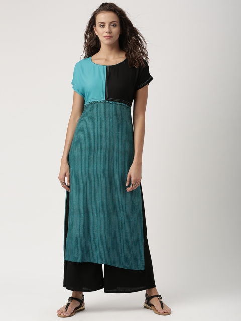 

IMARA Women Teal Blue & Black Striped Straight Kurta