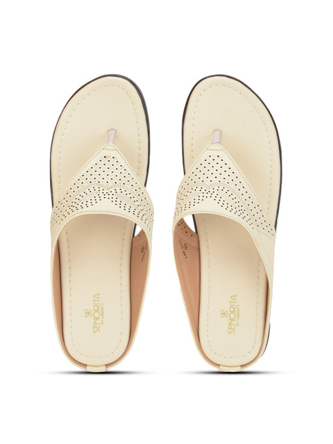 

Liberty Women Textured T-Strap Flats with Laser Cuts, Cream