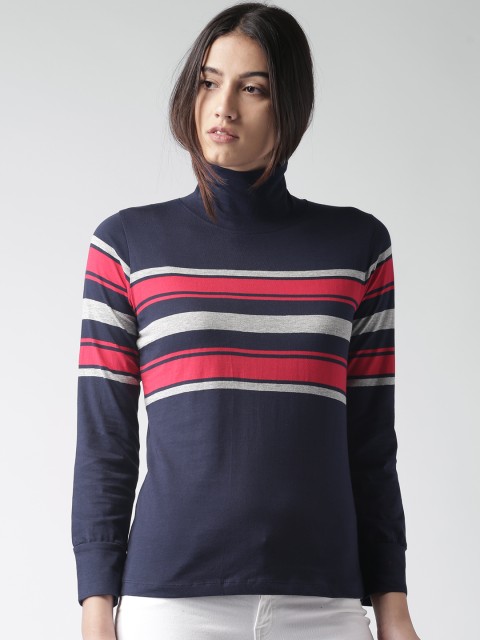 

Harvard Women Navy Blue & Red Striped Turtle Neck T-Shirt