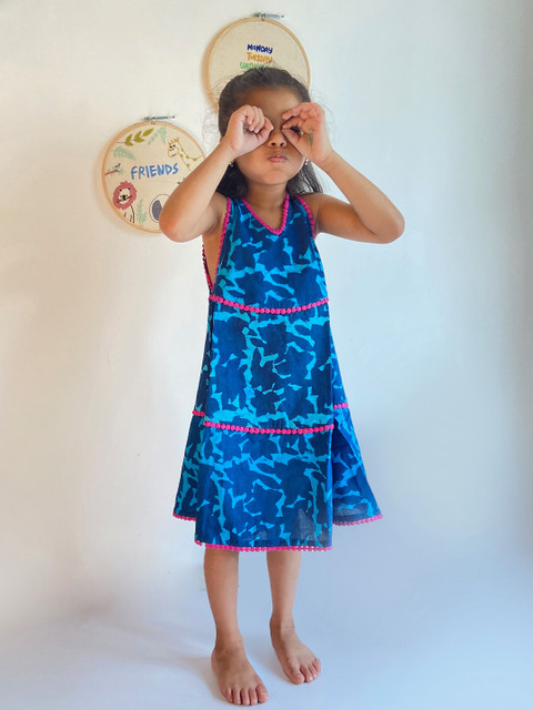

charkhee Girls Cotton Floral Dyed Layered A-Line Dress, Blue