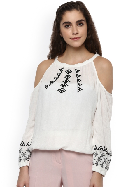 

The Vanca Women Off-White Cold-Shoulder Blouson Top with Embroidered Detail
