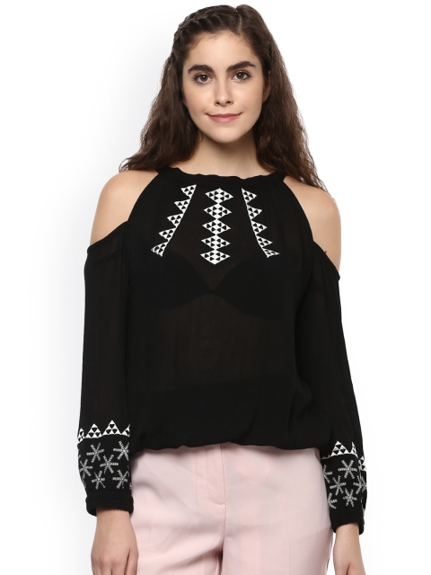 

The Vanca Women Black Cold-Shoulder Blouson Top with Embroidered Detail