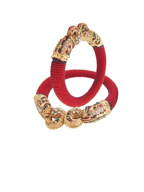 

FEMMIBELLA Set Of 2 Gold-Plated Artificial Stones Studded Peacock Meenakari Bangle, Red