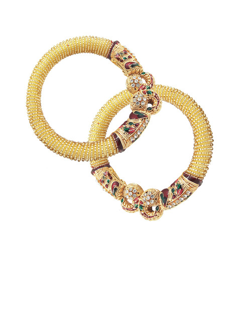 

FEMMIBELLA Set of 2 Gold-Plated Textured CZ Studded Kada Bangles