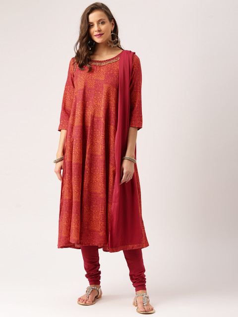 

IMARA Women Rust Orange Printed Kurta with Churidar & Dupatta