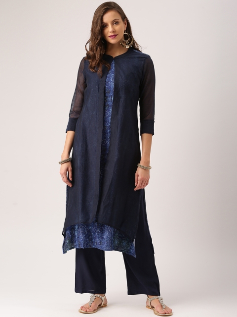 

IMARA by Women Navy Blue Printed Kurta with Trousers