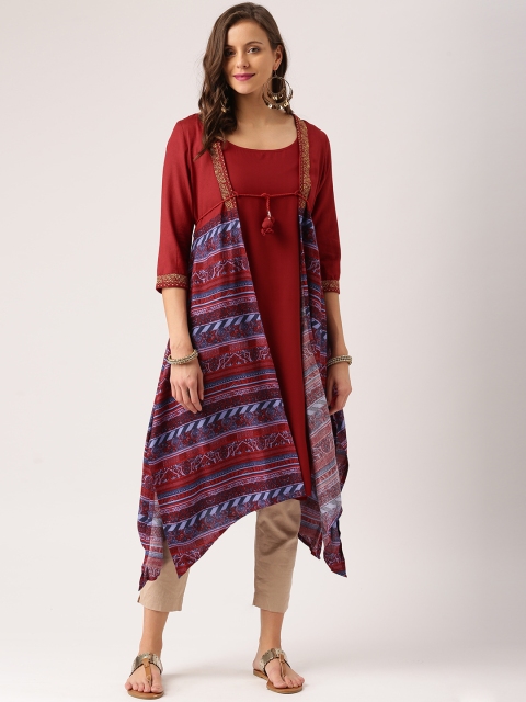 

IMARA Women Rust Orange Printed A-Line Asymmetric Kurta