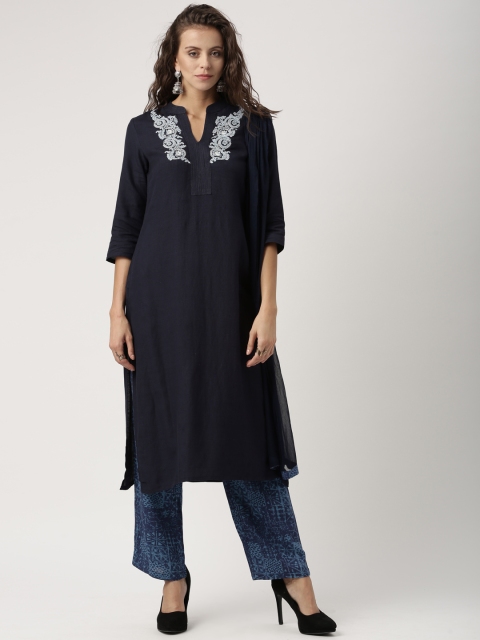 

IMARA Women Navy Solid Kurta with Trousers & Dupatta, Navy blue