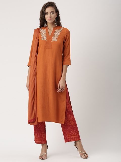 

IMARA Women Rust & Maroon Solid Kurta with Trousers & Dupatta
