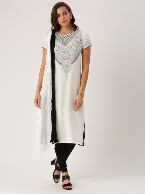 

IMARA Women White & Black Yoke Design Kurta with Churidar & Dupatta