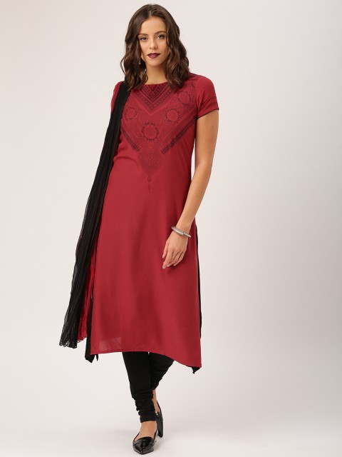 

IMARA by Women Red & Black Yoke Design Kurta with Churidar & Dupatta
