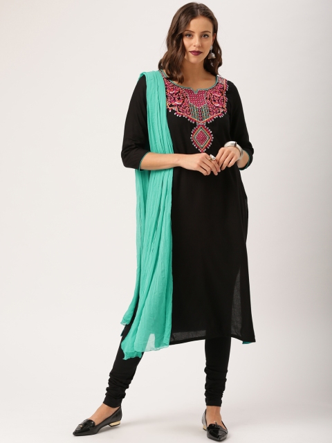 

IMARA by Women Black & Green Embroidered Kurta with Churidar & Dupatta