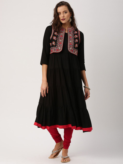 

IMARA Women Black & Red Solid Kurta with Ethnic Jacket