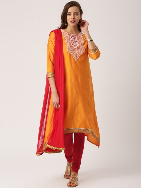 

IMARA Women Orange & Red Embroidered Kurta with Churidar & Dupatta