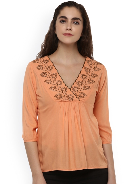 

The Vanca Women Peach-Coloured Top with Embroidered Detail