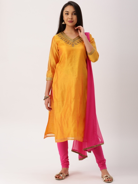 

IMARA Women Yellow & Pink Solid Kurta with Churidar & Dupatta