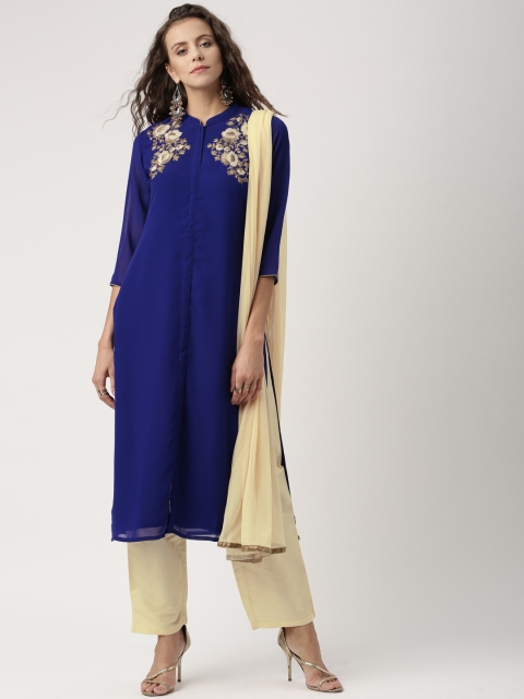 

IMARA by Women Blue & Cream Solid Kurta with Trousers & Dupatta