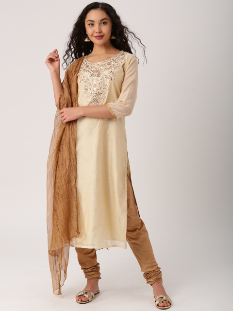 

IMARA Women Beige & Brown Embroidered Churidar Kurta with Dupatta