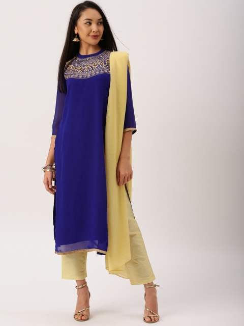

IMARA Women Blue & Beige Embroidered Kurta with Trousers & Dupatta