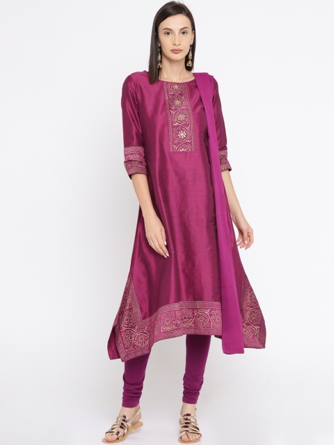 

IMARA Women Burgundy Printed Kurta with Churidar & Dupatta