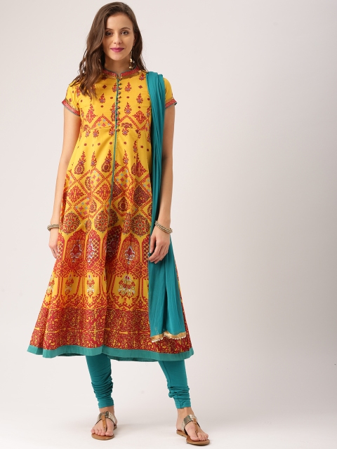

IMARA Women Mustard Yellow & Blue Printed Kurta with Churidar & Dupatta