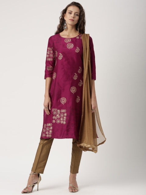 

IMARA Women Magenta & Brown Printed Kurta with Trousers & Dupatta