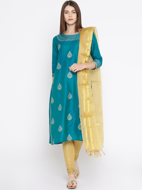 

IMARA Women Teal Blue & Golden Printed Kurta with Churidar & Dupatta