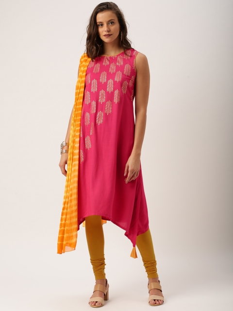 

IMARA by Women Pink & Mustard Yellow Printed Kurta with Churidar & Dupatta