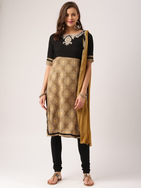 

IMARA by Women Beige & Black Printed Kurta with Churidar & Dupatta