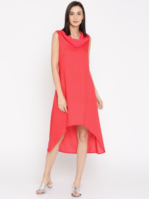 

IMARA by Women Coral Pink Solid A-Line High-Low Dress