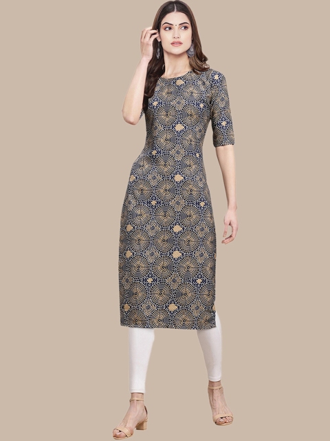 

Ethnic basket Women Pack Of 5 Printed Straight Crepe Kurta, Navy blue