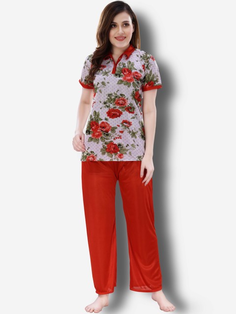 

Romaisa Women Floral Printed Night suit, Red