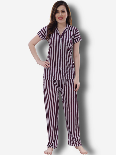 

Romaisa Women Printed Striped Night suit, Purple