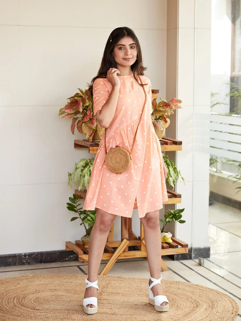

NANGALIA RUCHIRA Polka Dot Printed Cotton Mini Dress, Peach