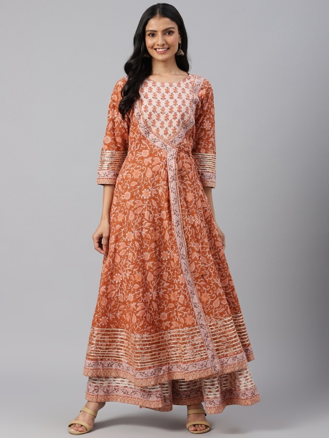 

SHRINKHLA Women Rust Ethnic Motifs Printed Mirror Work Anarkali Kurta