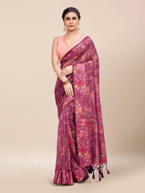 

KARAGIRI Purple & Orange Floral Silk Blend Banarasi Saree