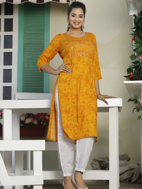 

SINGNI Women Mustard Yellow Ethnic Motifs Embroidered Sequinned Kurta with Trouser