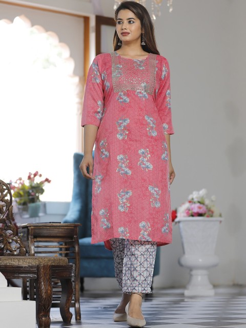 

SINGNI Women Pink Floral Printed Sequinned Kurta with Trousers