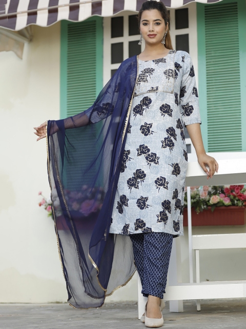 

SINGNI Women Grey Floral Embroidered Kurta with Trousers & With Dupatta