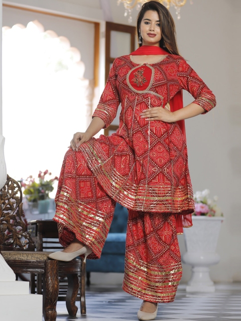 

SINGNI Women Red Ethnic Motifs Yoke Design Sequinned Kurta with Sharara & With Dupatta