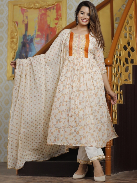 

SINGNI Women Beige & Orange Printed High Slit Cotton Kurta with Trousers & With Dupatta