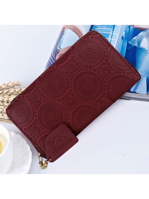 

YESSBENZA Women Textured Zip Detail Zip Around Wallet with Passport Holder, Maroon
