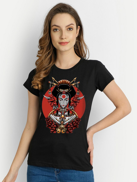 

THREADCURRY Women Printed Cotton T-shirt, Black