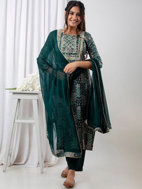 

Kesarya Women Teal Ethnic Motifs Embroidered Aari Work Pure Silk Kurta with Trousers & With Dupatta